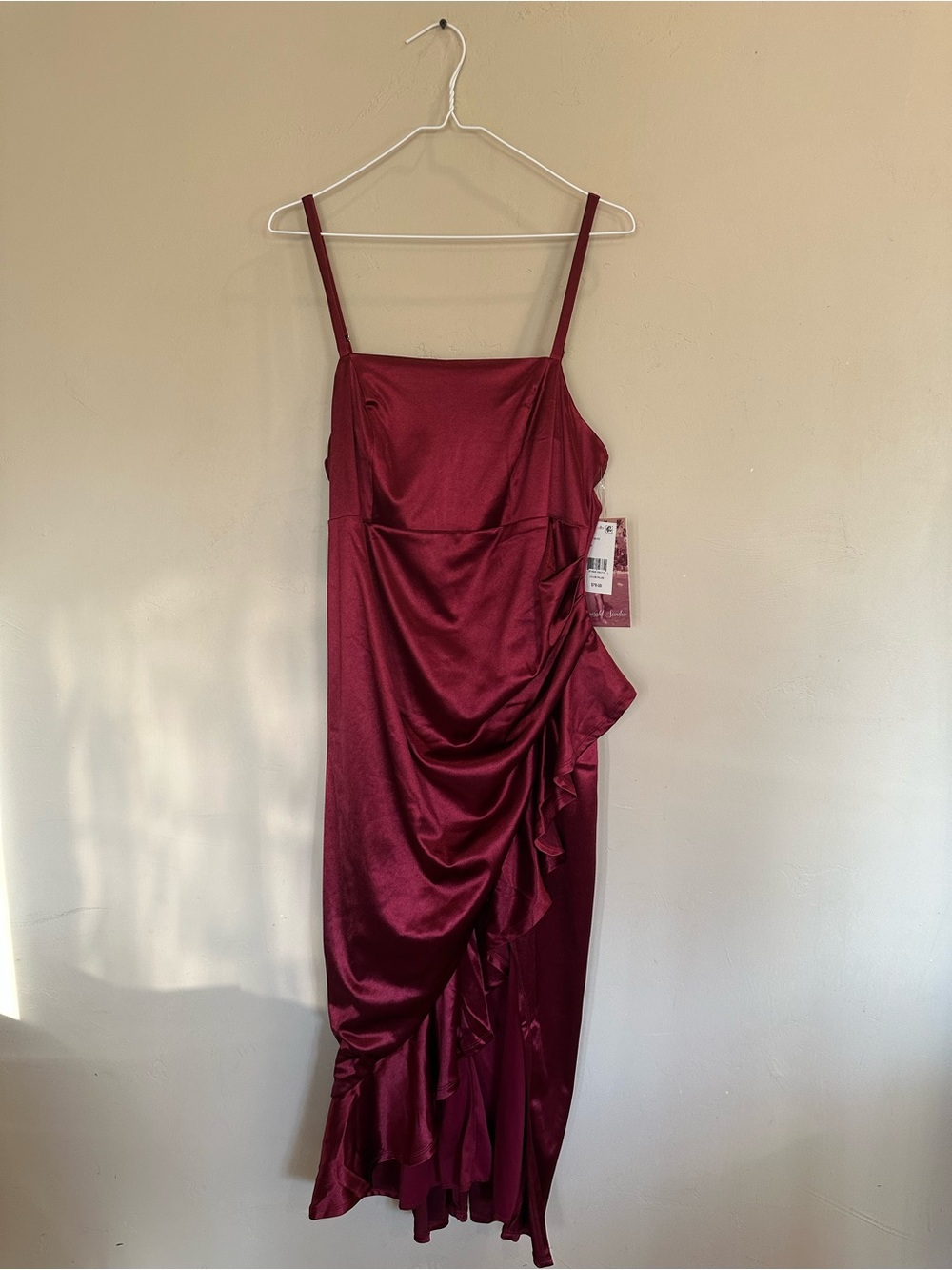 Emerald Sundae Satin Wine Asymmetrical Ruffle Midi Dress - Picture 2 of 6